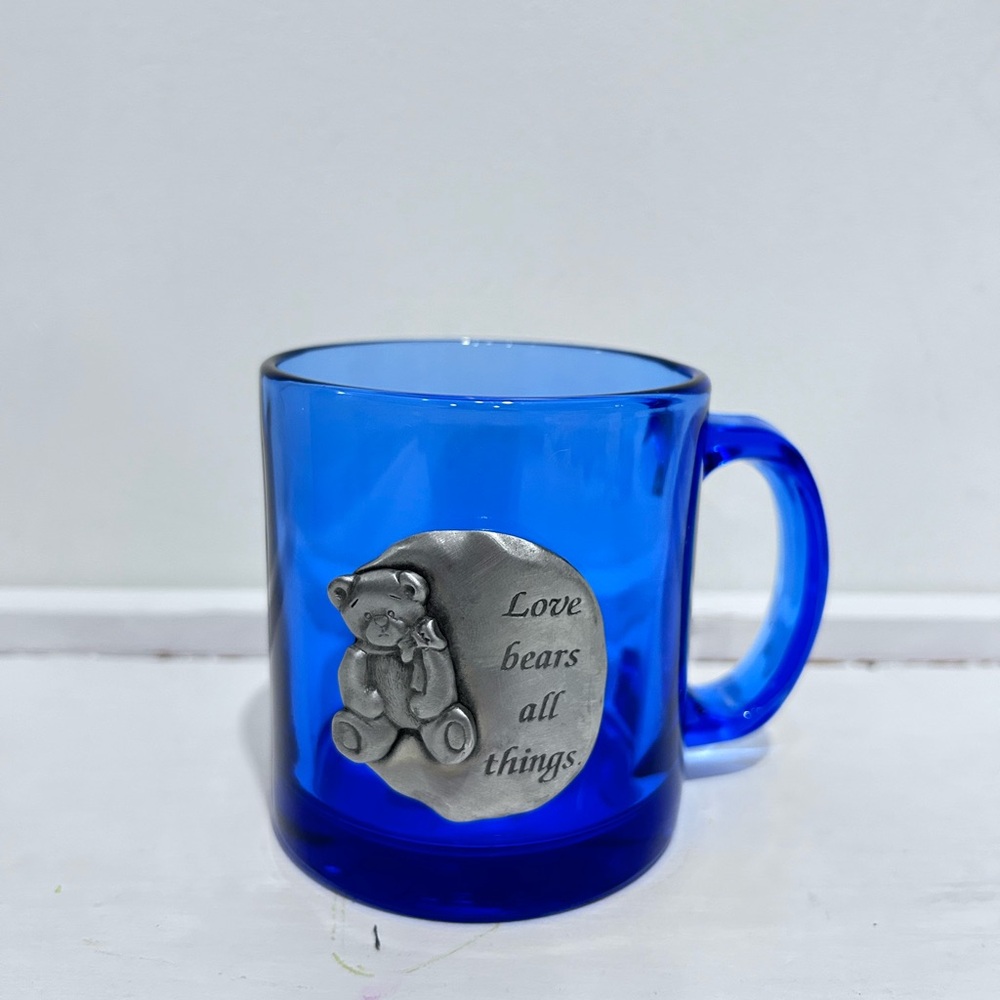 Libby Cobalt Blue Glass Coffee Mugs‎ “Love Bears All Things” Silver Bear Accent